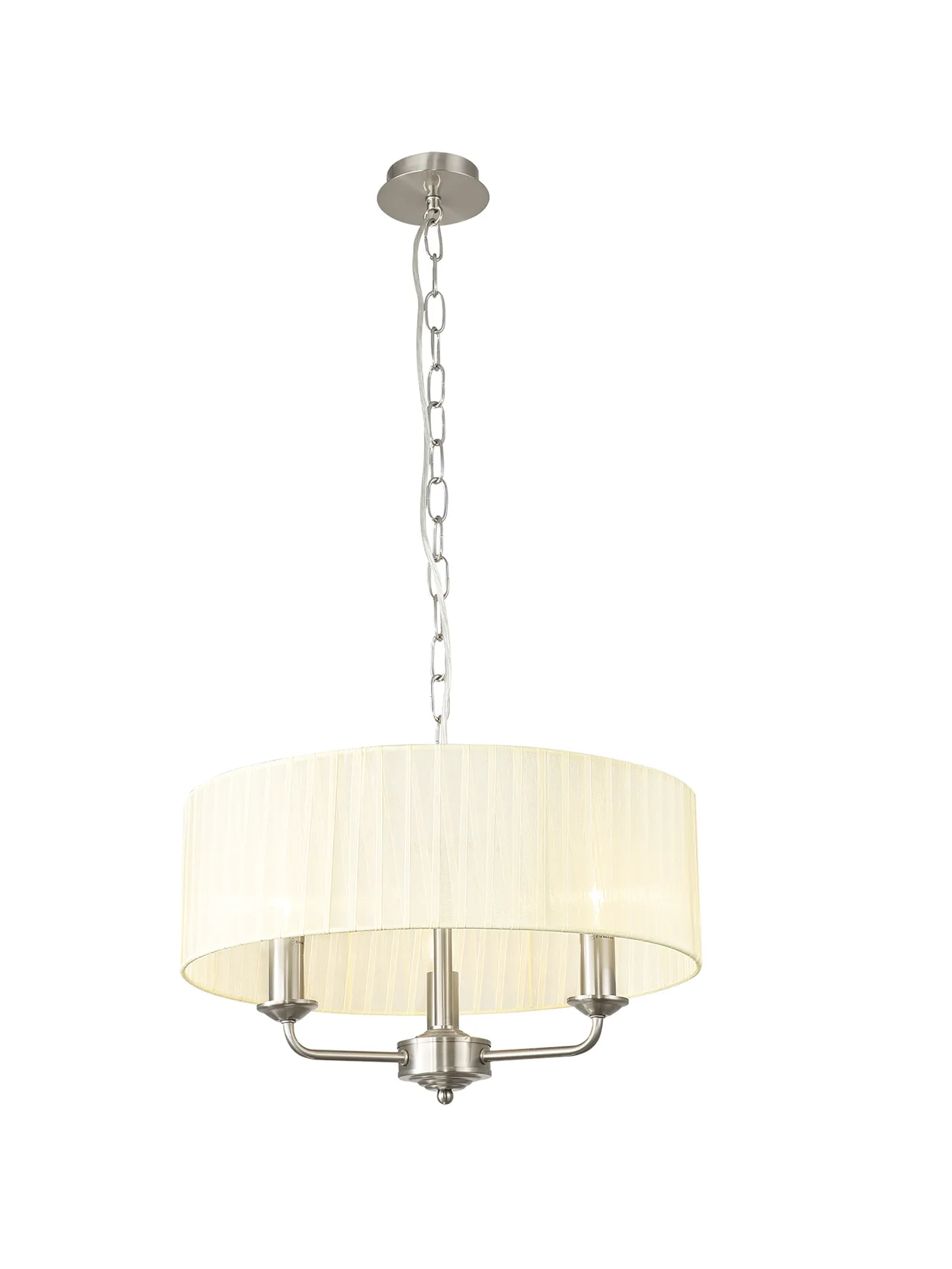 DK0873  Banyan 3 Light Multi Arm Pendant With 45cm x 15cm Organza Shade Satin Nickel/Cream